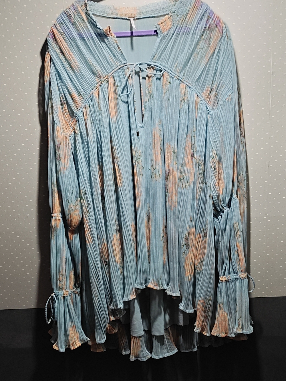 Women's Light Blue Pleated Floral Skirted Tunic
